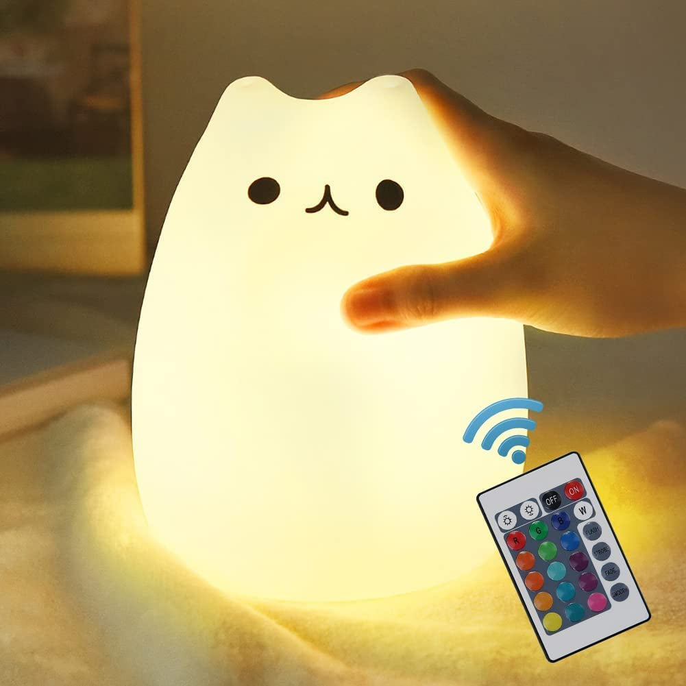 Adorable Cat Lamp Set - Remote Control Silicone Night Light for Kids & Toddlers - Rechargeable Kawaii Design - 4 Piece White Collection