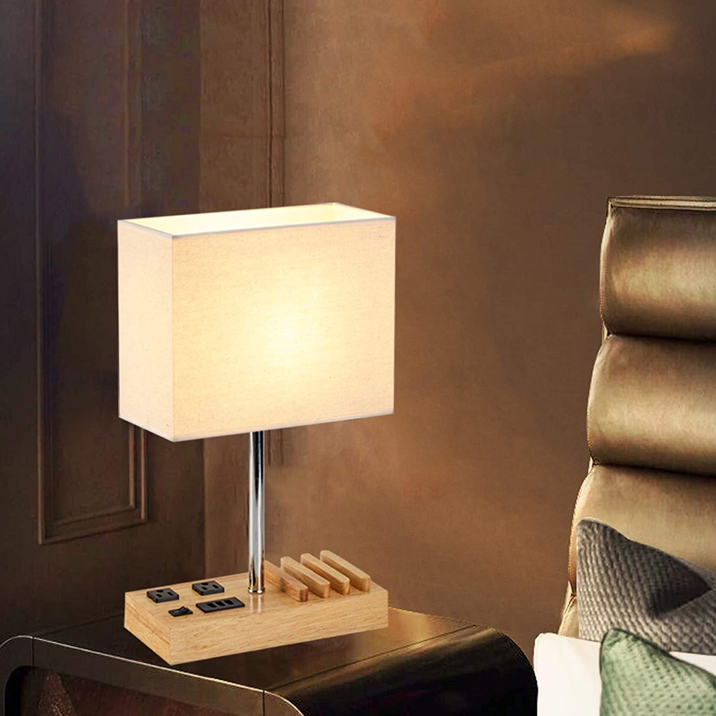 Stylish Desk Lamp with 3 USB Charging Ports, 2 AC Outlets, and 3 Phone Stands - Perfect Nightstand Lamp with Natural Wooden Base and Cream Linen Shade