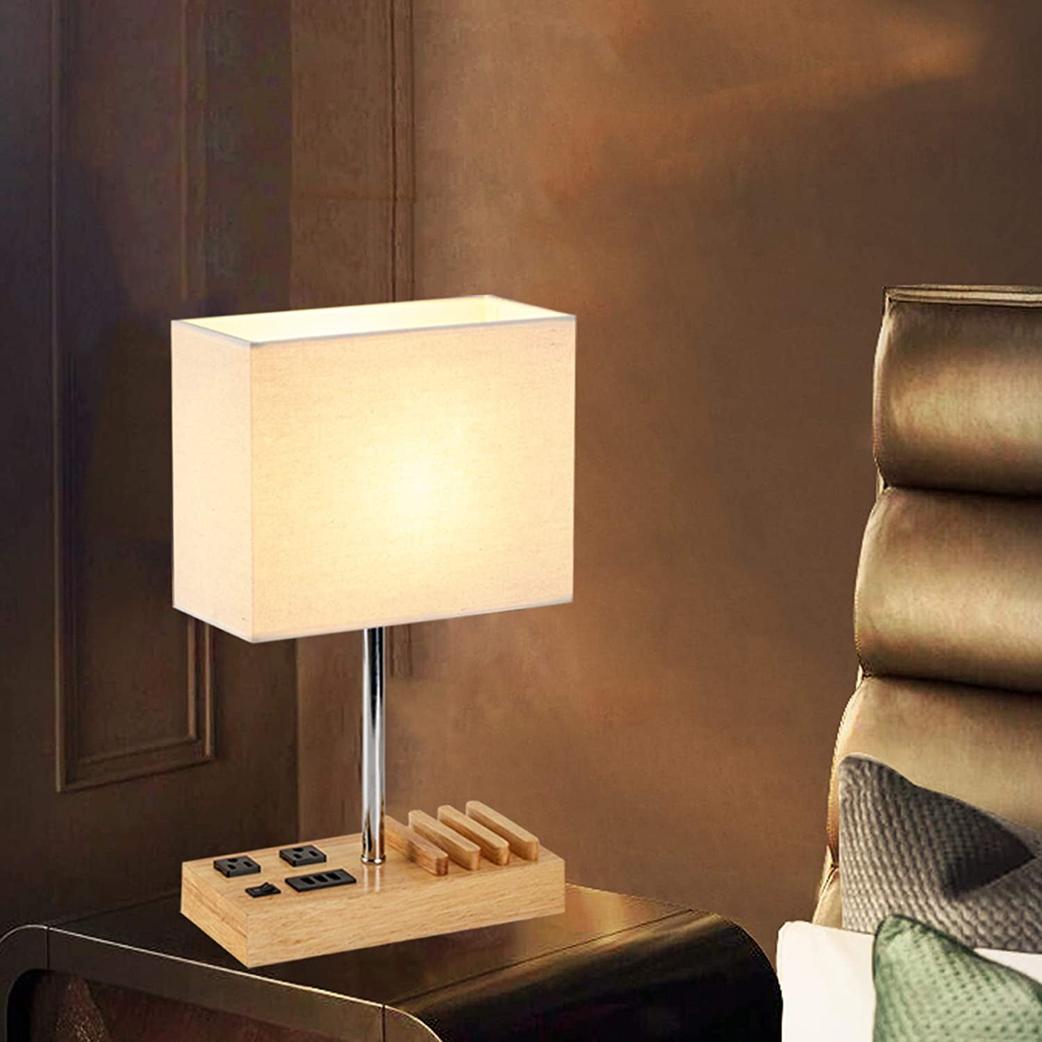 Stylish Desk Lamp with 3 USB Charging Ports, 2 AC Outlets, and 3 Phone Stands - Perfect Nightstand Lamp with Natural Wooden Base and Cream Linen Shade