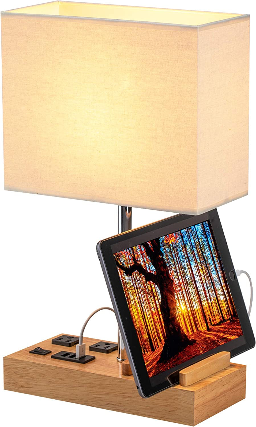 Stylish Desk Lamp with 3 USB Charging Ports, 2 AC Outlets, and 3 Phone Stands - Perfect Nightstand Lamp with Natural Wooden Base and Cream Linen Shade