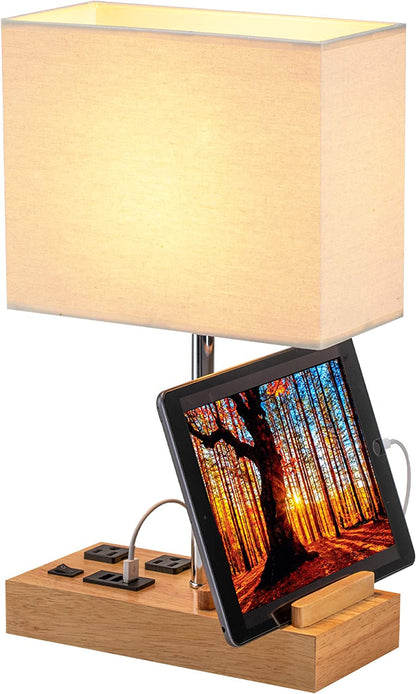 Stylish Desk Lamp with 3 USB Charging Ports, 2 AC Outlets, and 3 Phone Stands - Perfect Nightstand Lamp with Natural Wooden Base and Cream Linen Shade