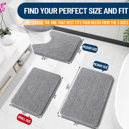 Luxurious Grey Chenille Bath Rugs - Extra Soft, Quick-Dry, and Machine Washable with Rubber Backing for Ultimate Comfort and Style