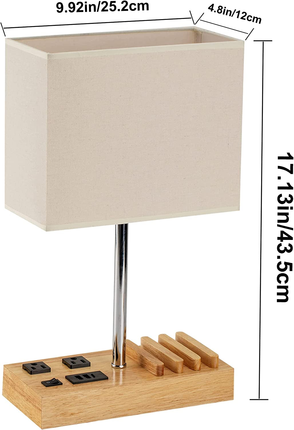 Stylish Desk Lamp with 3 USB Charging Ports, 2 AC Outlets, and 3 Phone Stands - Perfect Nightstand Lamp with Natural Wooden Base and Cream Linen Shade