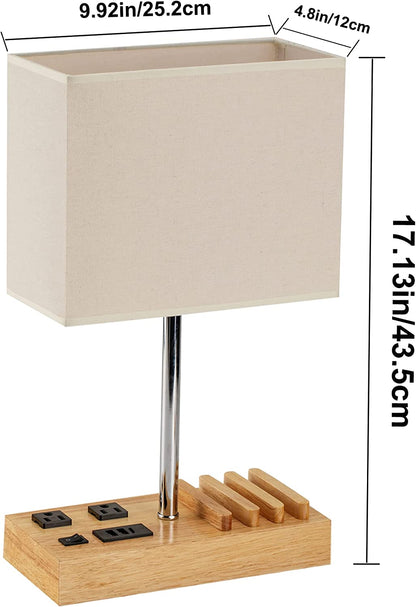 Stylish Desk Lamp with 3 USB Charging Ports, 2 AC Outlets, and 3 Phone Stands - Perfect Nightstand Lamp with Natural Wooden Base and Cream Linen Shade