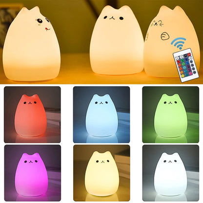 Adorable Cat Lamp Set - Remote Control Silicone Night Light for Kids & Toddlers - Rechargeable Kawaii Design - 4 Piece White Collection