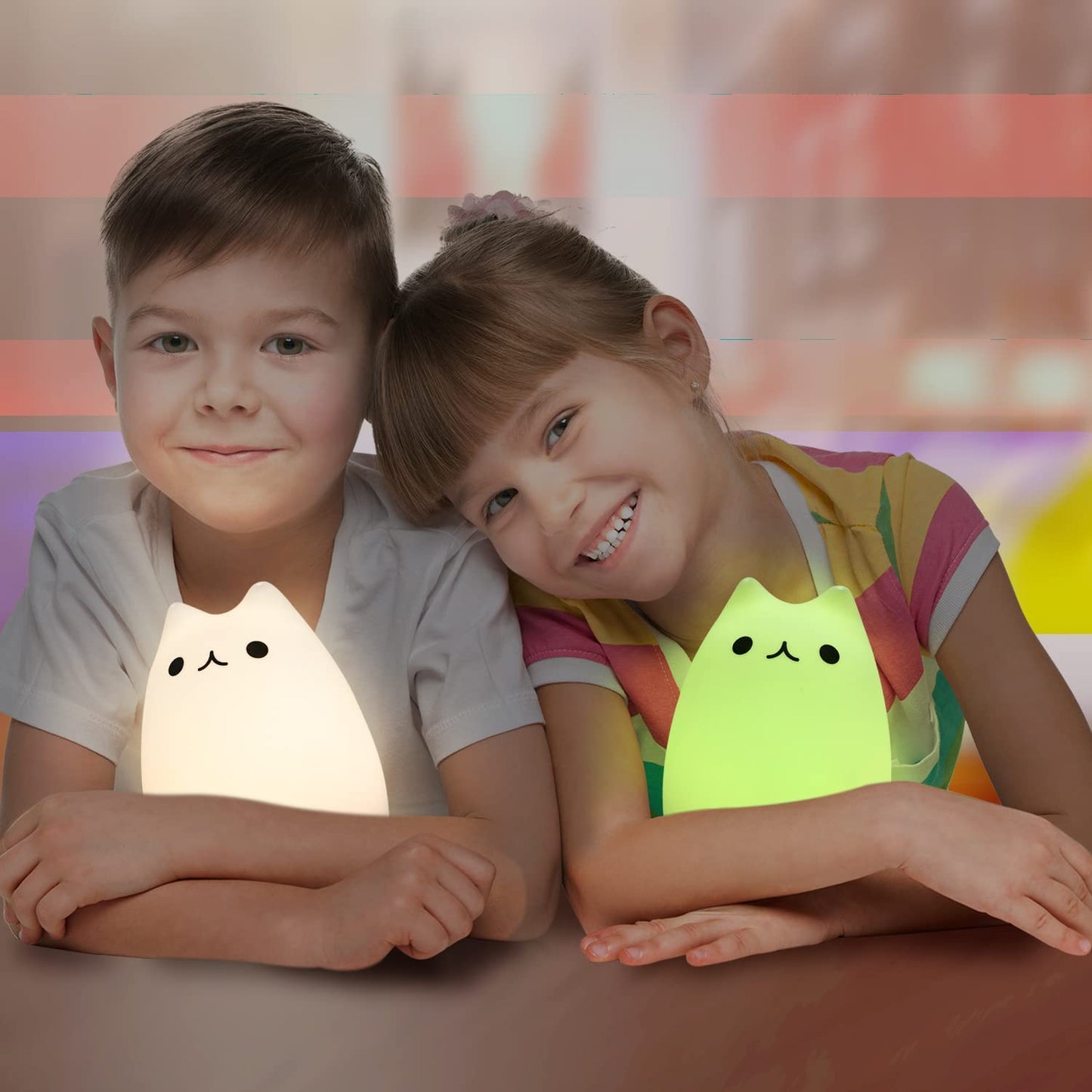 Adorable Cat Lamp Set - Remote Control Silicone Night Light for Kids & Toddlers - Rechargeable Kawaii Design - 4 Piece White Collection