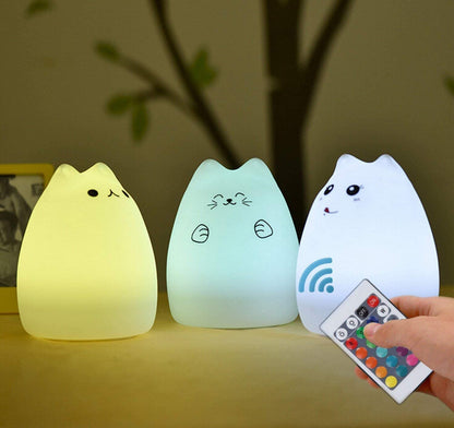 Adorable Cat Lamp Set - Remote Control Silicone Night Light for Kids & Toddlers - Rechargeable Kawaii Design - 4 Piece White Collection