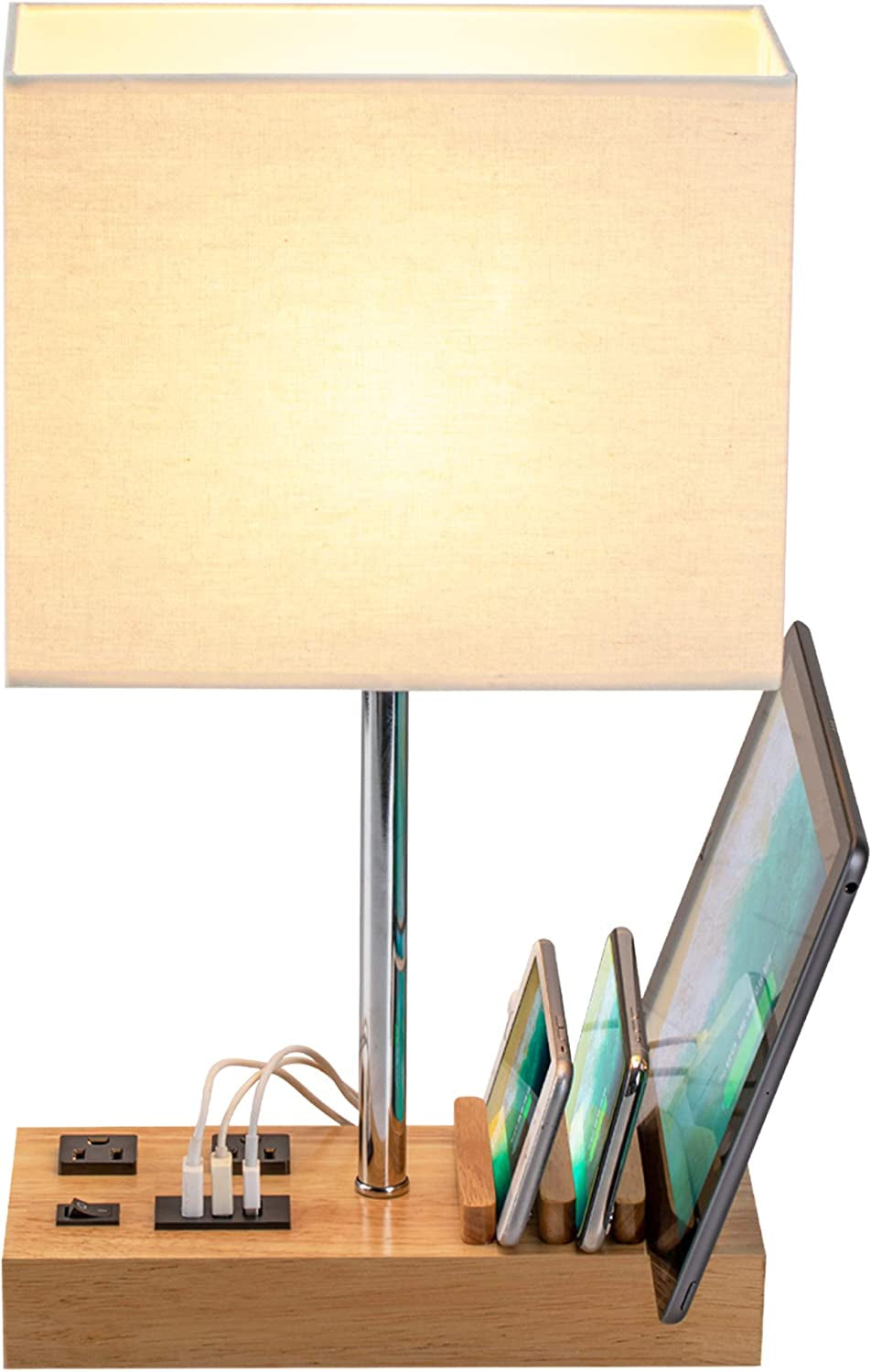 Stylish Desk Lamp with 3 USB Charging Ports, 2 AC Outlets, and 3 Phone Stands - Perfect Nightstand Lamp with Natural Wooden Base and Cream Linen Shade