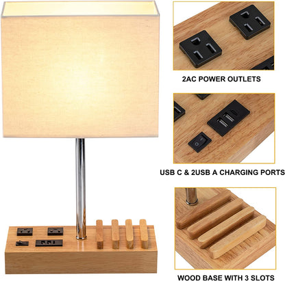 Stylish Desk Lamp with 3 USB Charging Ports, 2 AC Outlets, and 3 Phone Stands - Perfect Nightstand Lamp with Natural Wooden Base and Cream Linen Shade