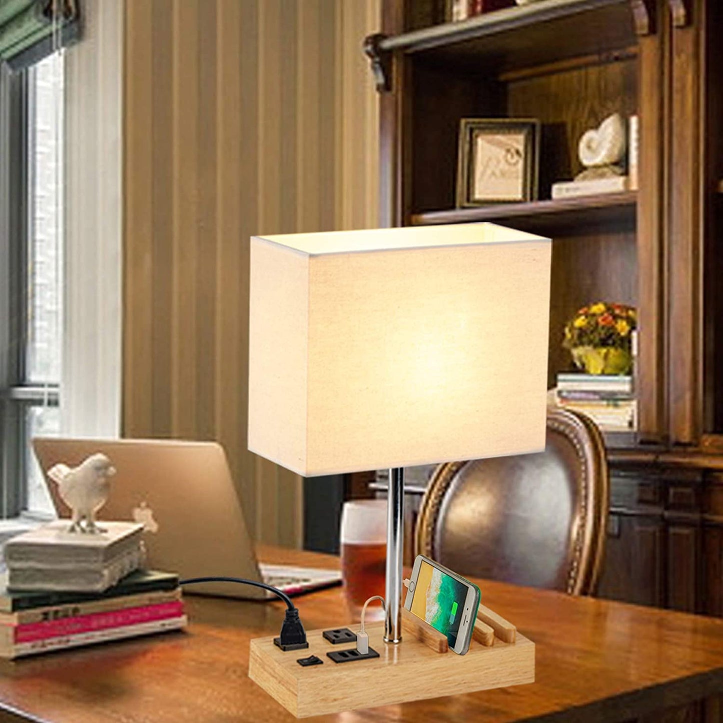Stylish Desk Lamp with 3 USB Charging Ports, 2 AC Outlets, and 3 Phone Stands - Perfect Nightstand Lamp with Natural Wooden Base and Cream Linen Shade