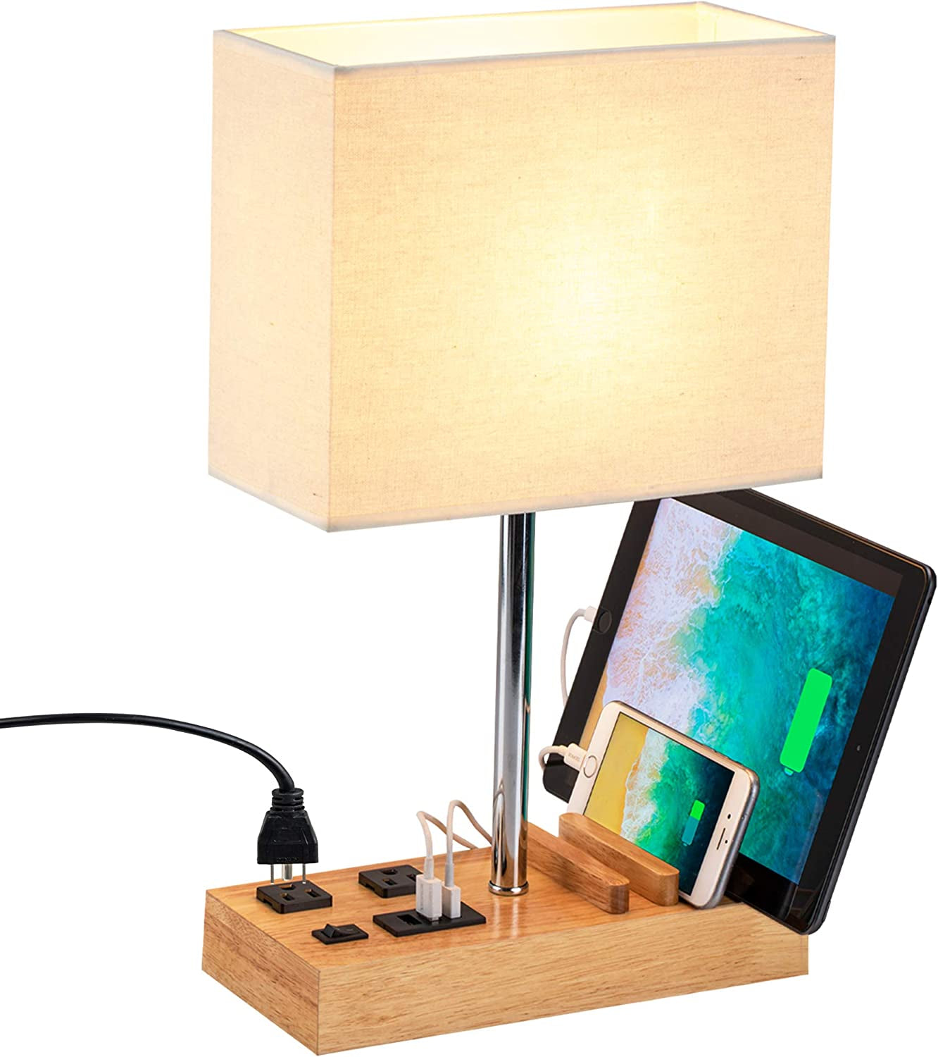Stylish Desk Lamp with 3 USB Charging Ports, 2 AC Outlets, and 3 Phone Stands - Perfect Nightstand Lamp with Natural Wooden Base and Cream Linen Shade