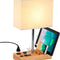 Stylish Desk Lamp with 3 USB Charging Ports, 2 AC Outlets, and 3 Phone Stands - Perfect Nightstand Lamp with Natural Wooden Base and Cream Linen Shade